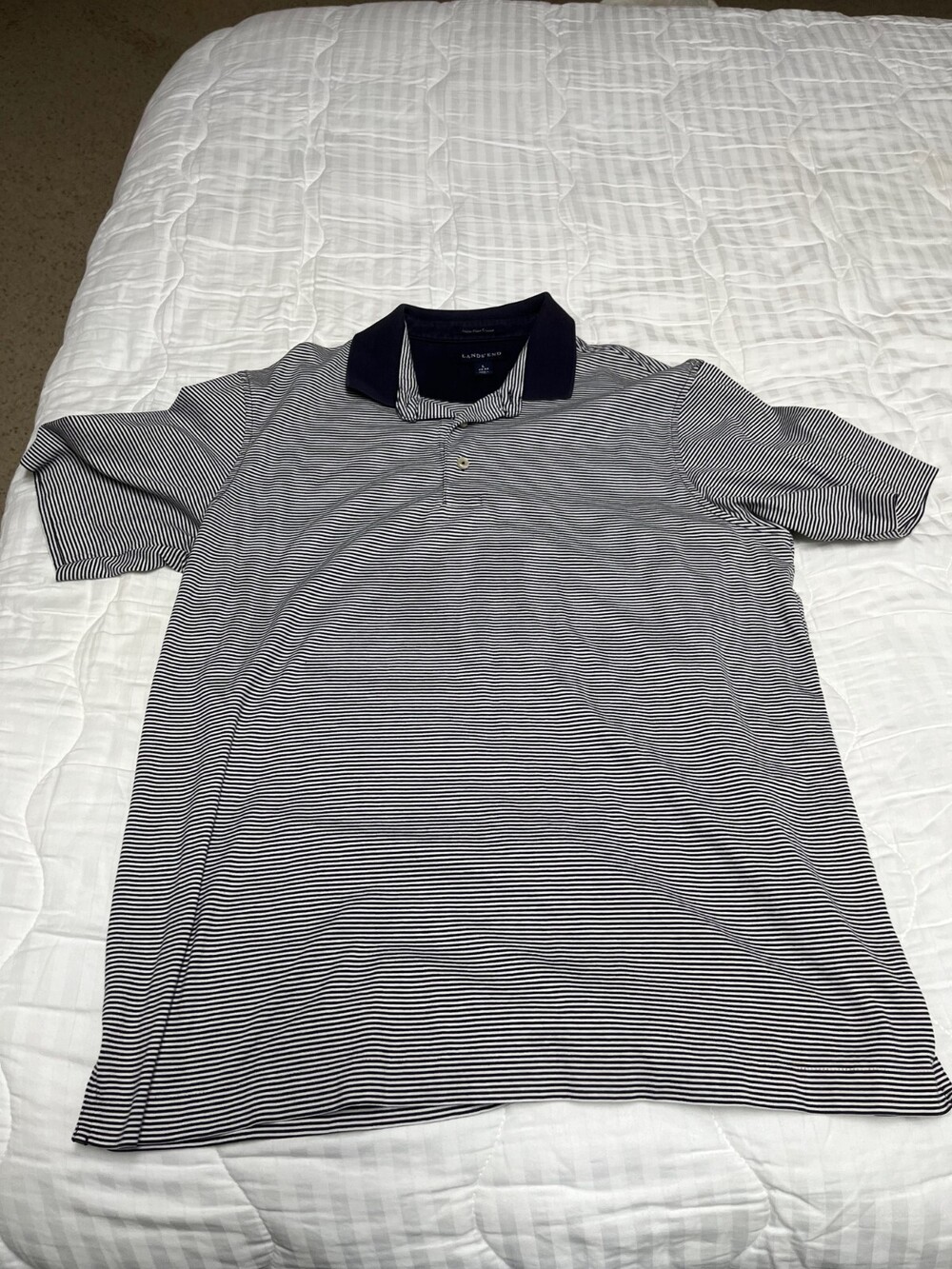 Lands End men's short sleeve polo shirt size large navy blue & white stripe